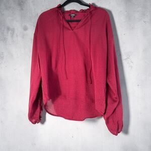 Express Red Ruffle Tie V-Neck Blouse Polyester S Classic Preppy